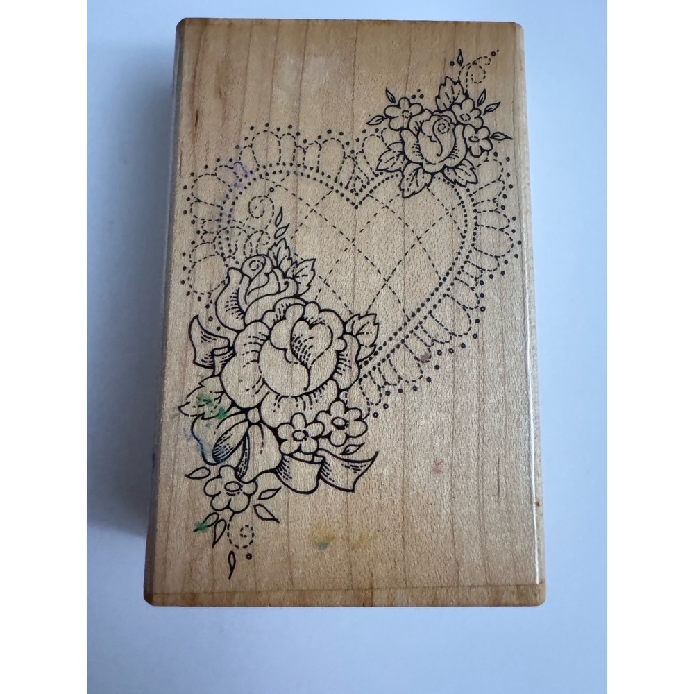 Flowers Lace Heart Pillow roses ribbon Rubber Stamp 1993 Wood Stampendous P02